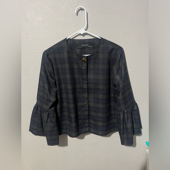 Zara‎ Tweed Tartan Plaid Bell Sleeve Jacket Blazer Size Medium Button Green Blue - Picture 1 of 3